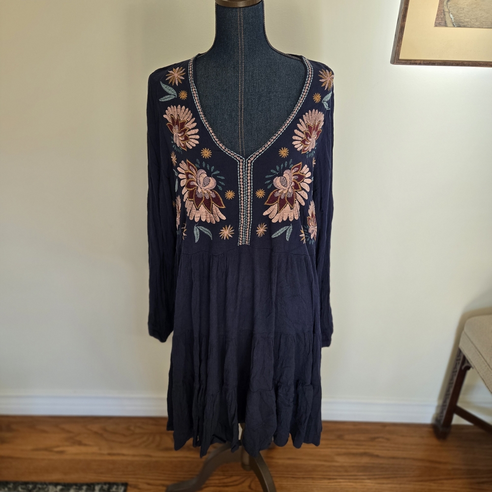 Knox Rose Navy Dress with Pink Floral Embroidery